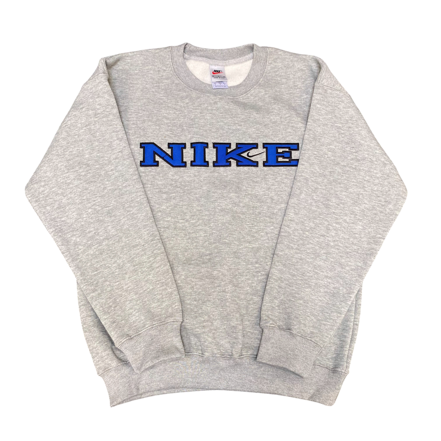 Nike Reworked Sweatshirt Mens Medium Grey Embroidered Spell Out Logo Crew Neck