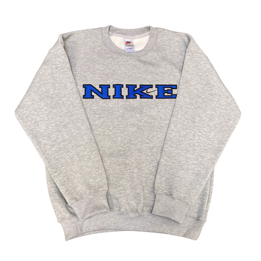 Nike Reworked Sweatshirt Mens Medium Grey Embroidered Spell Out Logo Crew Neck