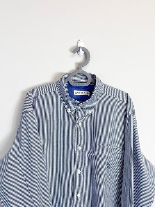 Nautica Shirt Men XL Blue Pinstriped Chest Pocket Long Sleeve Collar Button Down