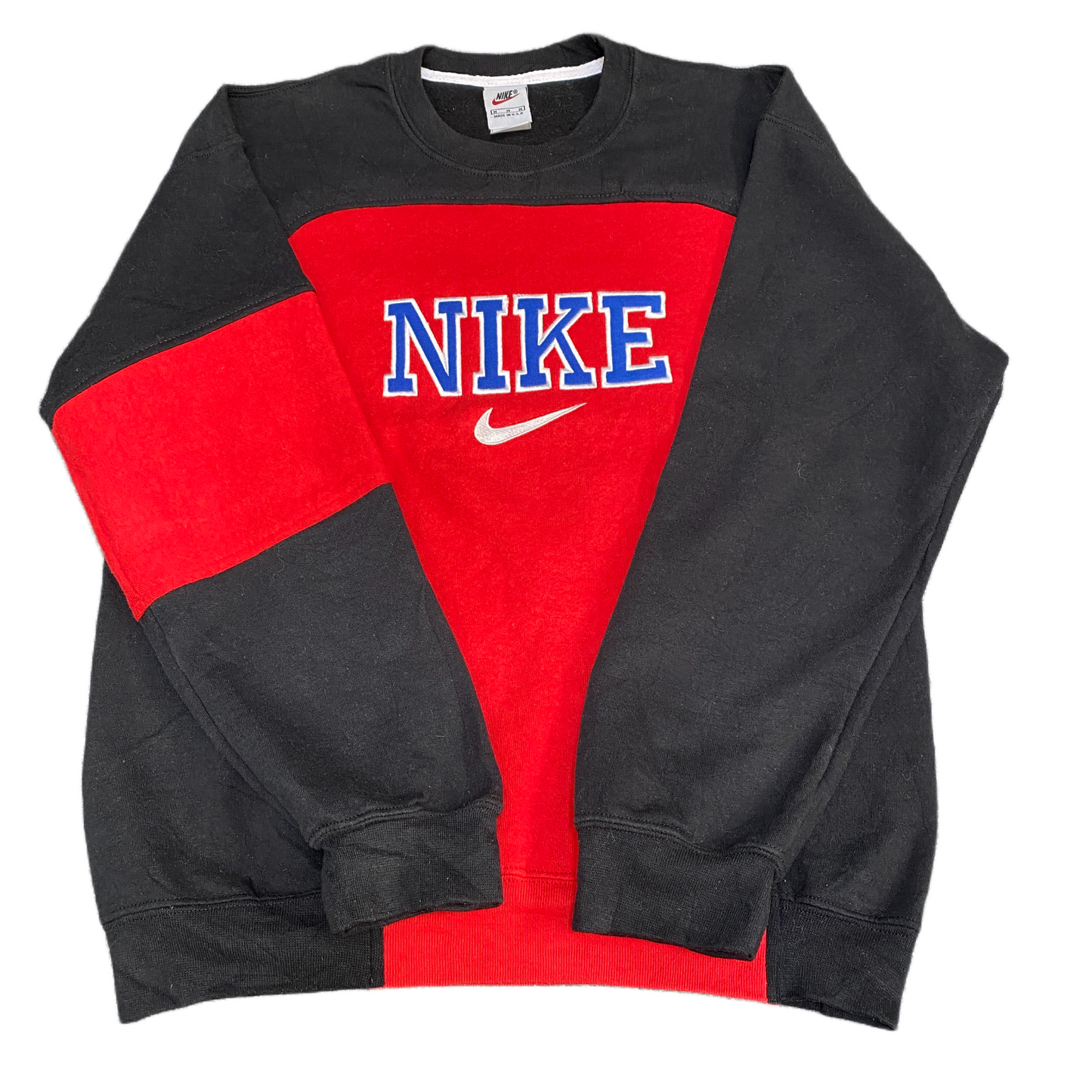 Nike Reworked Sweatshirt Mens M Red Black Embroidered Spellout Logo Vintage Y2K