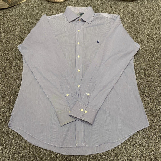 Polo Ralph Lauren Formal Shirt Mens L Blue Striped Regent Custom Fit Button Down