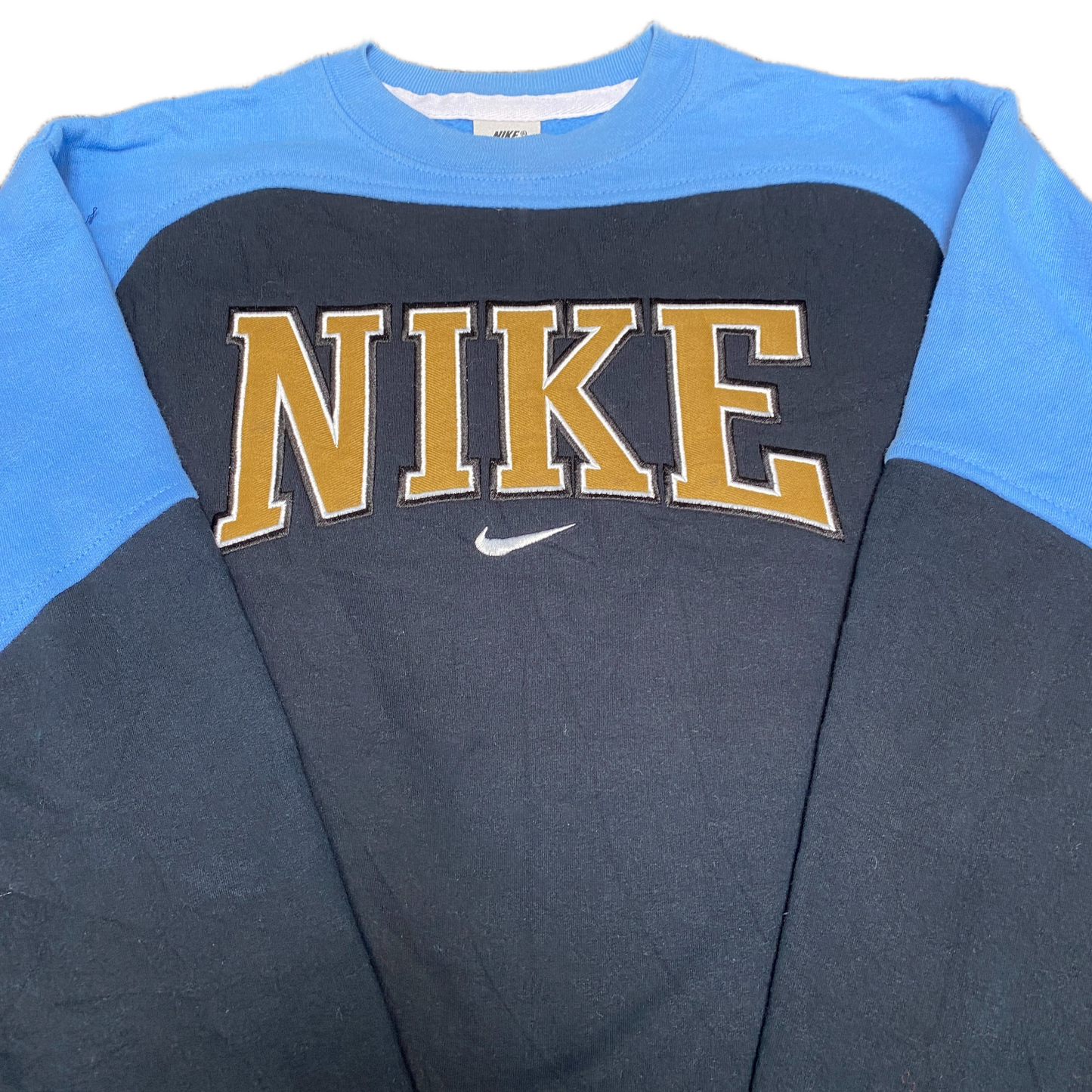Nike Reworked Sweatshirt Mens S Blue Black Embroidered Spellout Logo Vintage Y2K