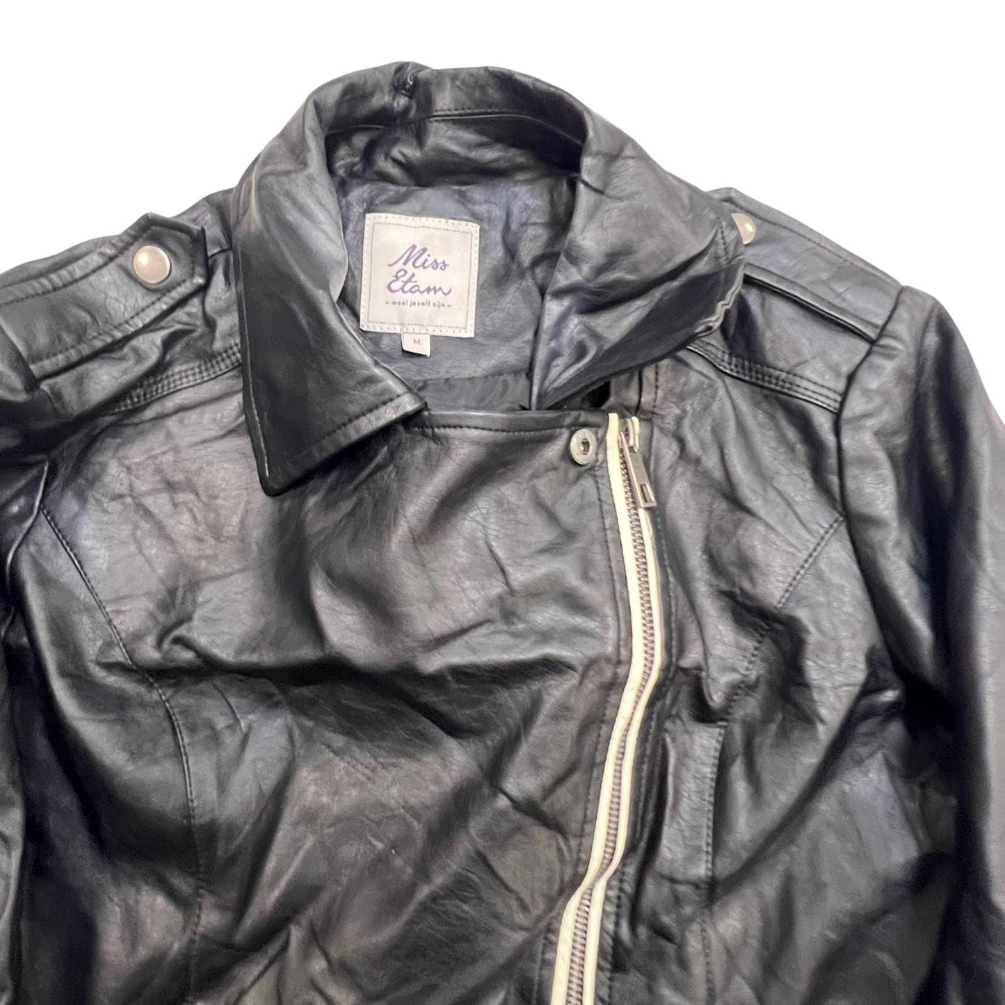 Miss Etam Faux Leather Moto Jacket Womens Medium Black Collared Cliffside Zip