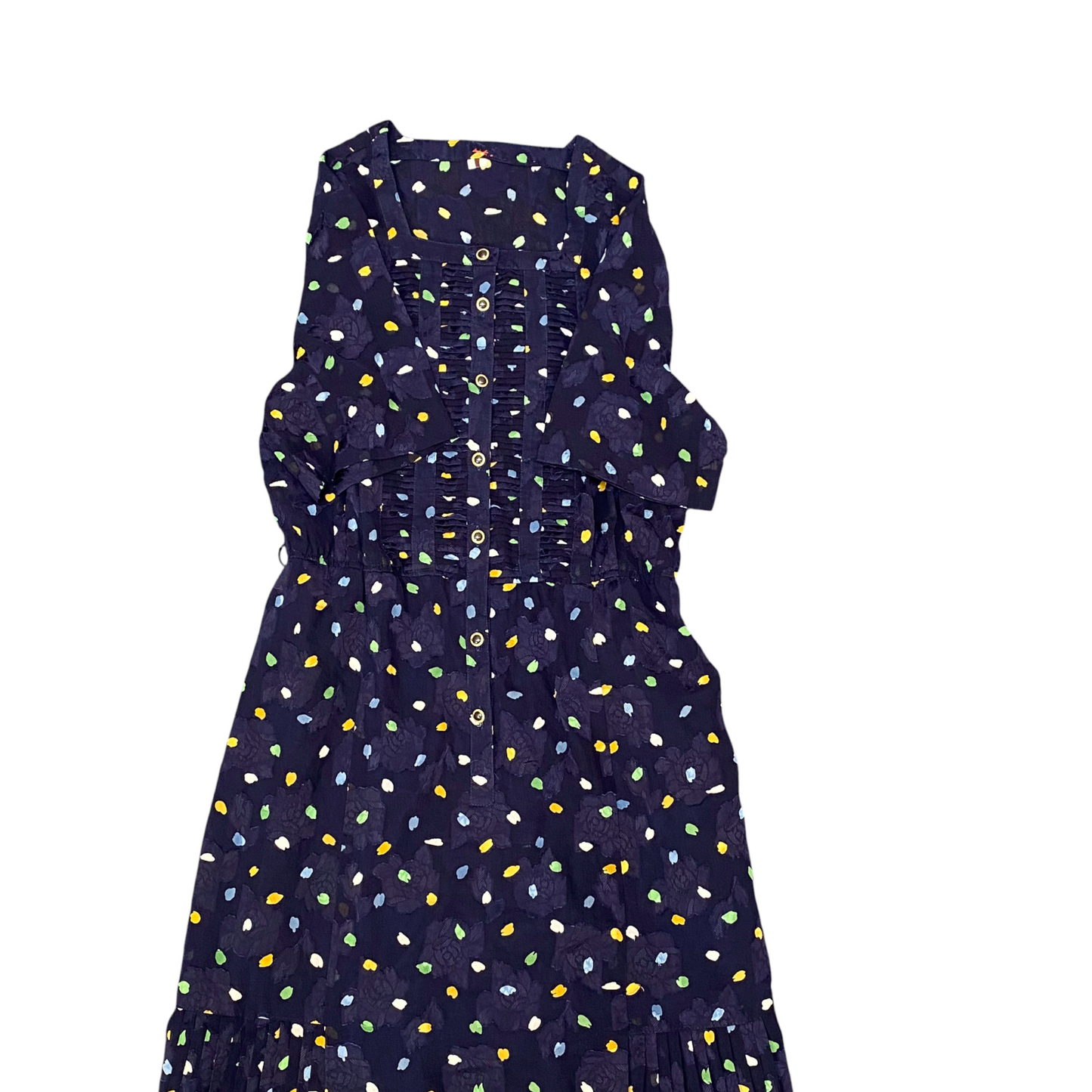 Womens Maxi Dress S Blue Floral Pleated Short Sleeve Square Neck Button Front