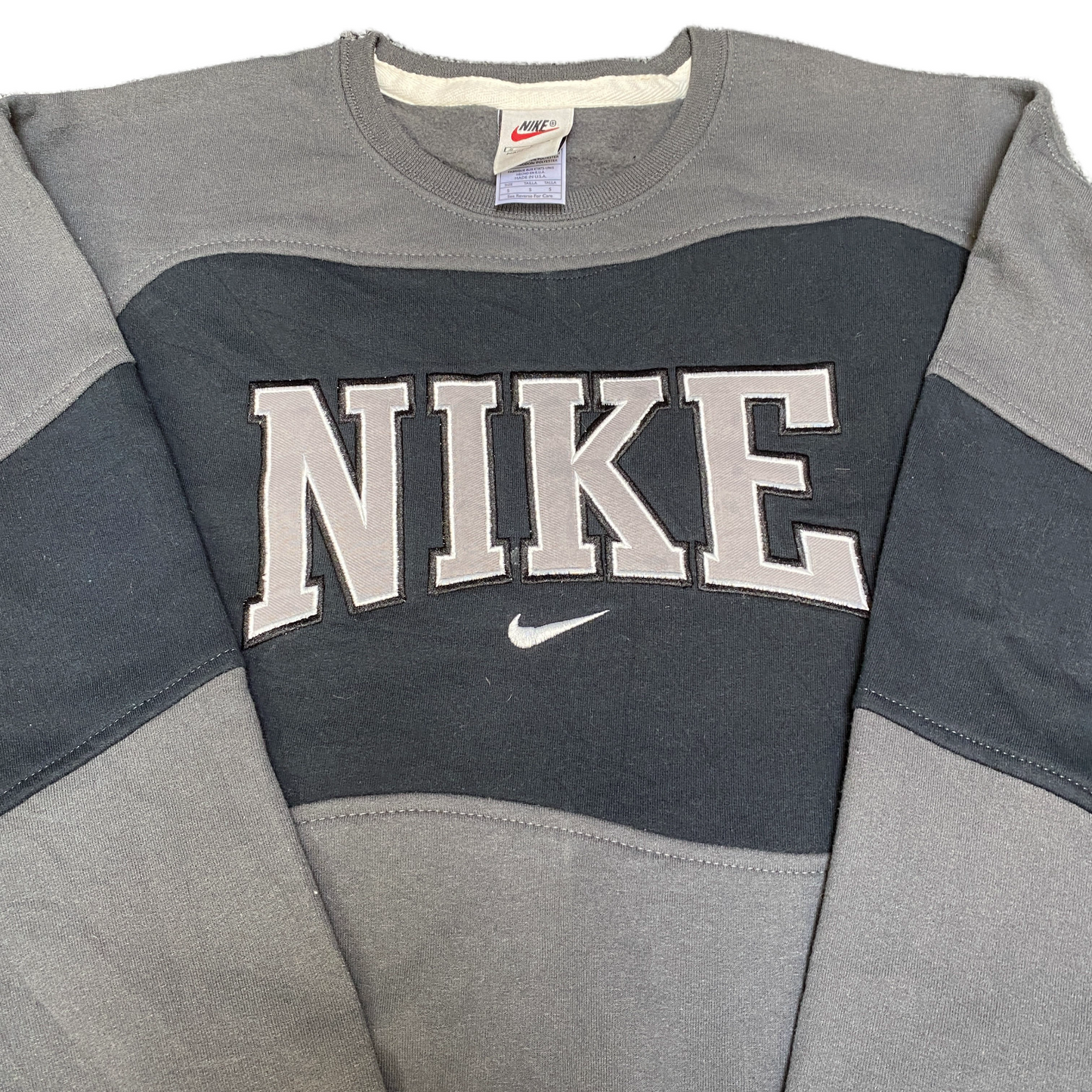 Nike Reworked Sweatshirt Mens S Grey Black Embroidered Spellout Logo Vintage Y2K