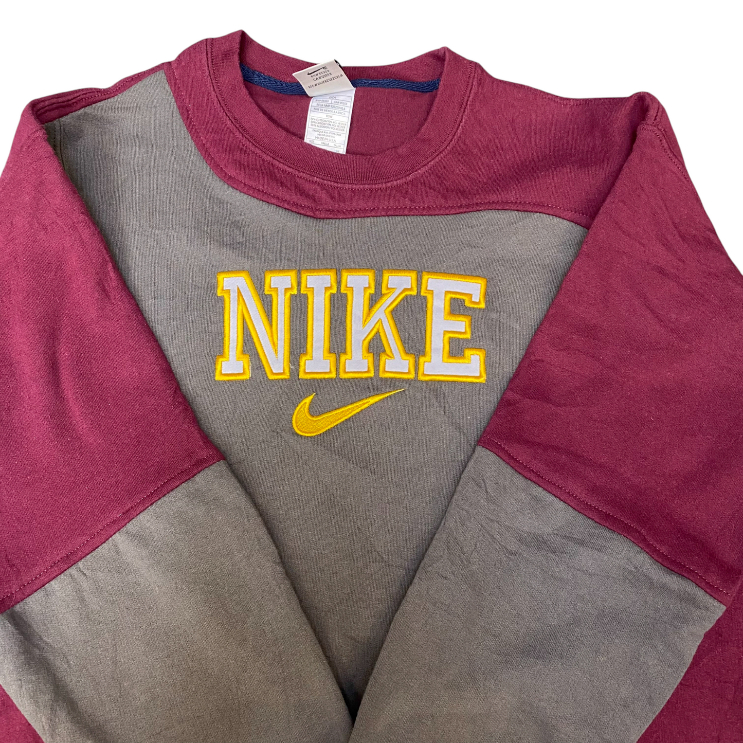 Nike Reworked Sweatshirt Men L Maroon Grey Embroidered Spellout Logo Vintage Y2K