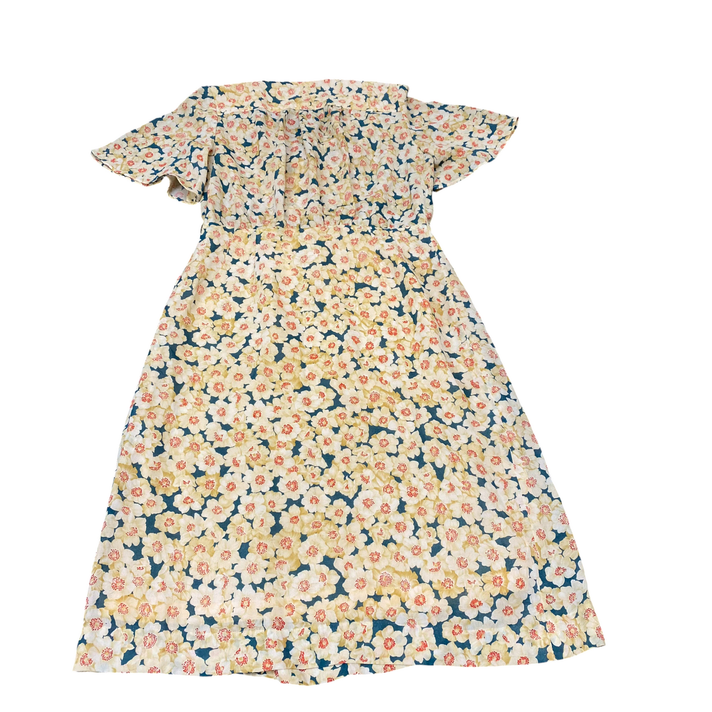 A-Line Dress Womens M Green White Floral Pleated Short Sleeve V-Neck Pullover