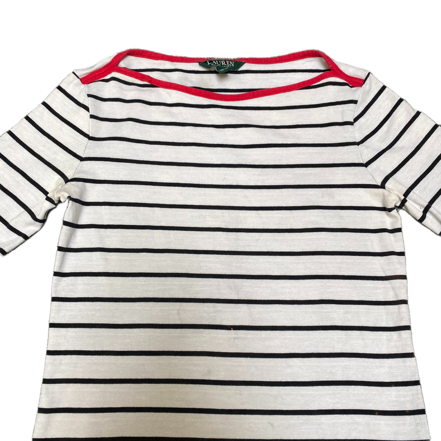 Ralph Lauren T-Shirt Girls Small White Black Striped Side Slit 3/4 Sleeve Tee
