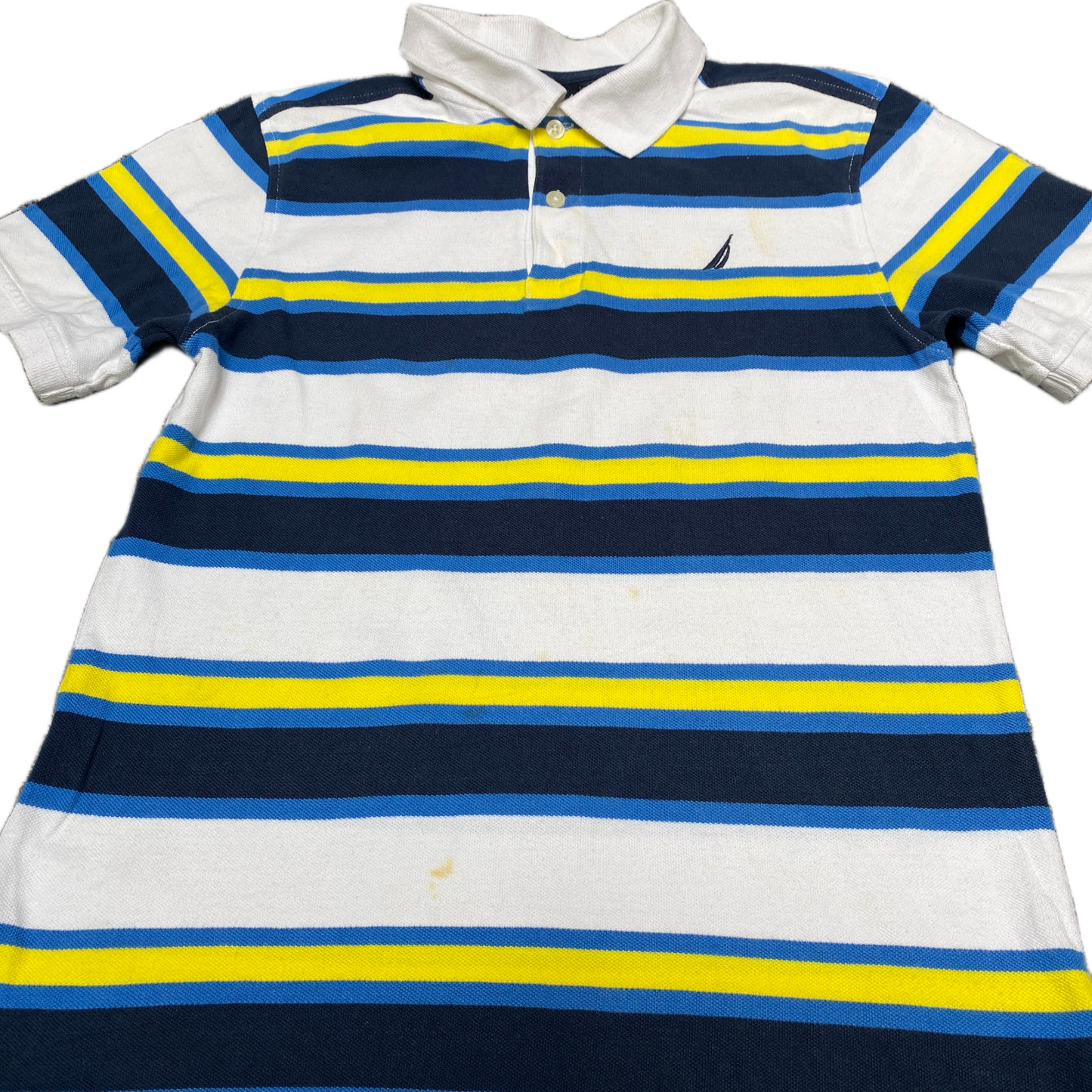 Nautica Polo Shirt Boys XS White Blue Striped Golf Performance Side Slit Collar