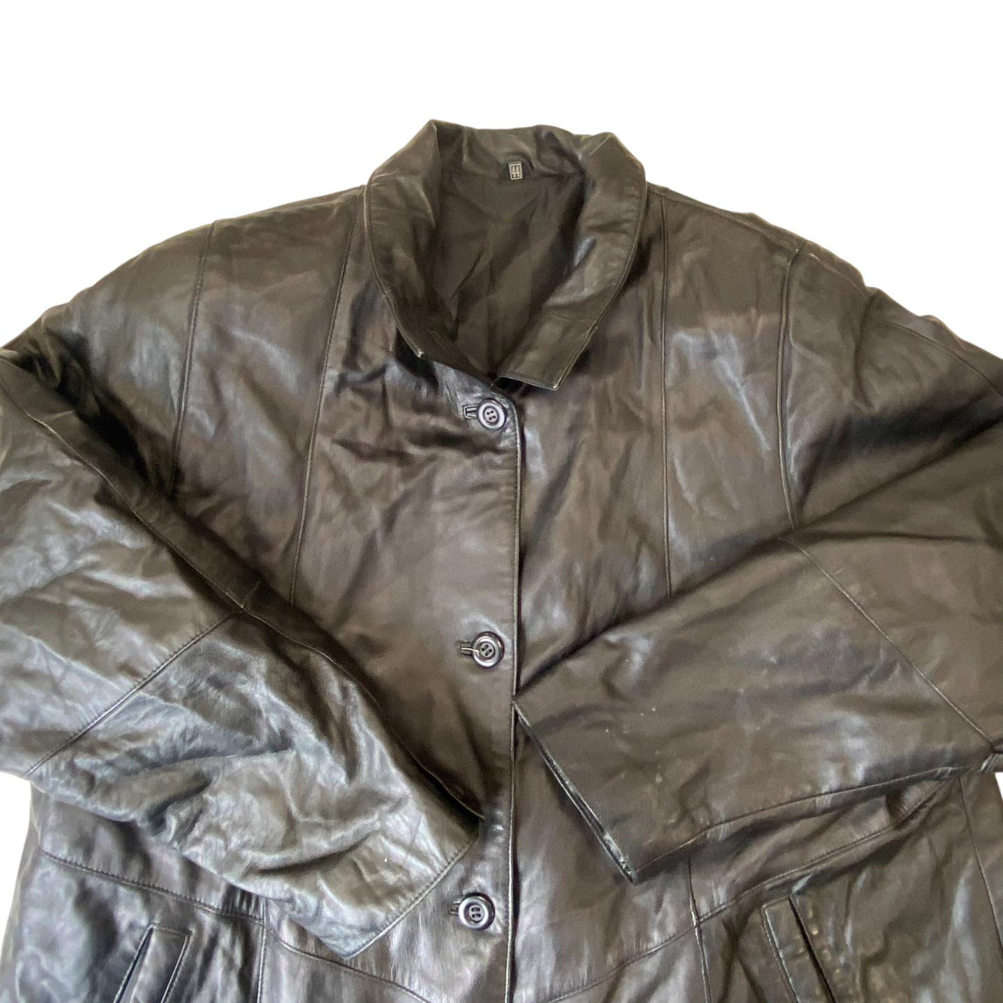 Womens Faux Leather Coat Medium Black Oversized Long Sleeve Collar Button Front