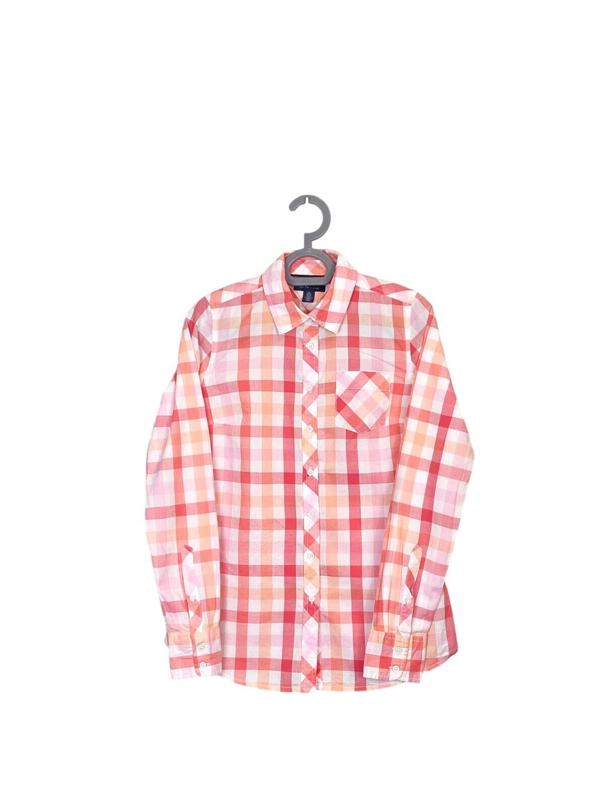 Tommy Hilfiger Shirt Women XS Pink Check Single Chest Pocket Collar Button Down