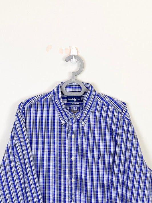 Ralph Lauren Shirt Men XL Blue Plaid Custom Fit Long Sleeve Small Blue Pony Logo