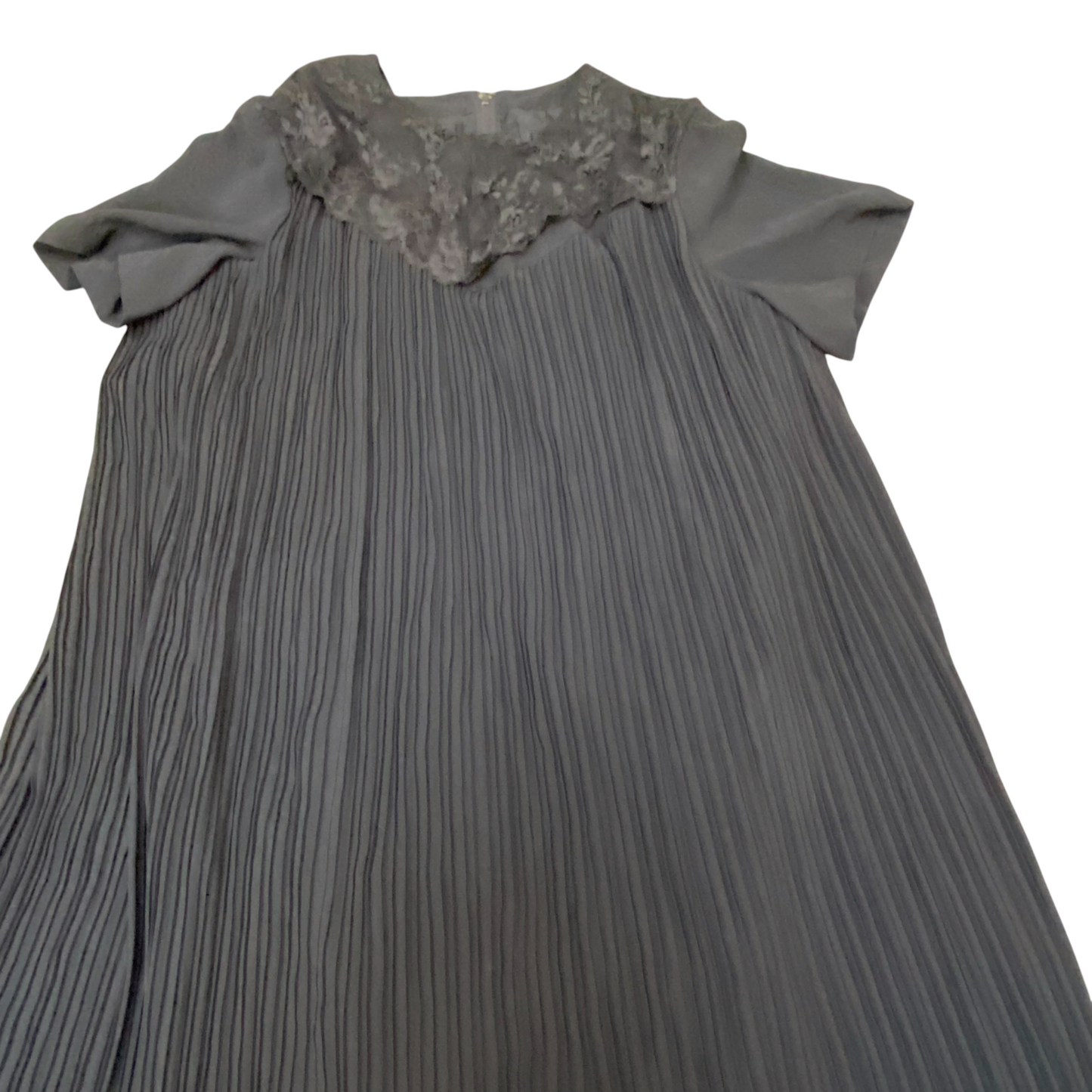 Shift Dress Womens M Black Pleat Midi Casual Short Sleeve Lace Trim Outdoor