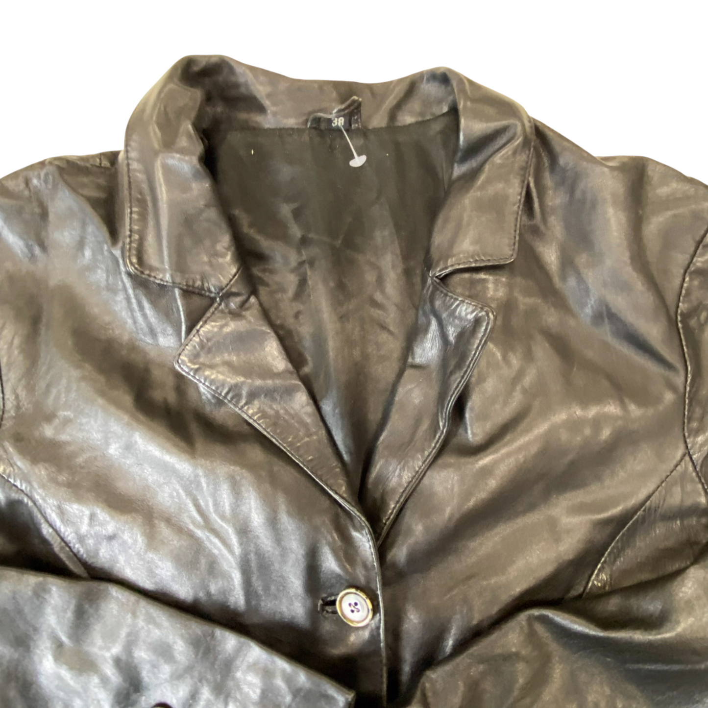 Womens Leather Trench Coat Medium Black Long Sleeve Notch Lapel Double Breasted