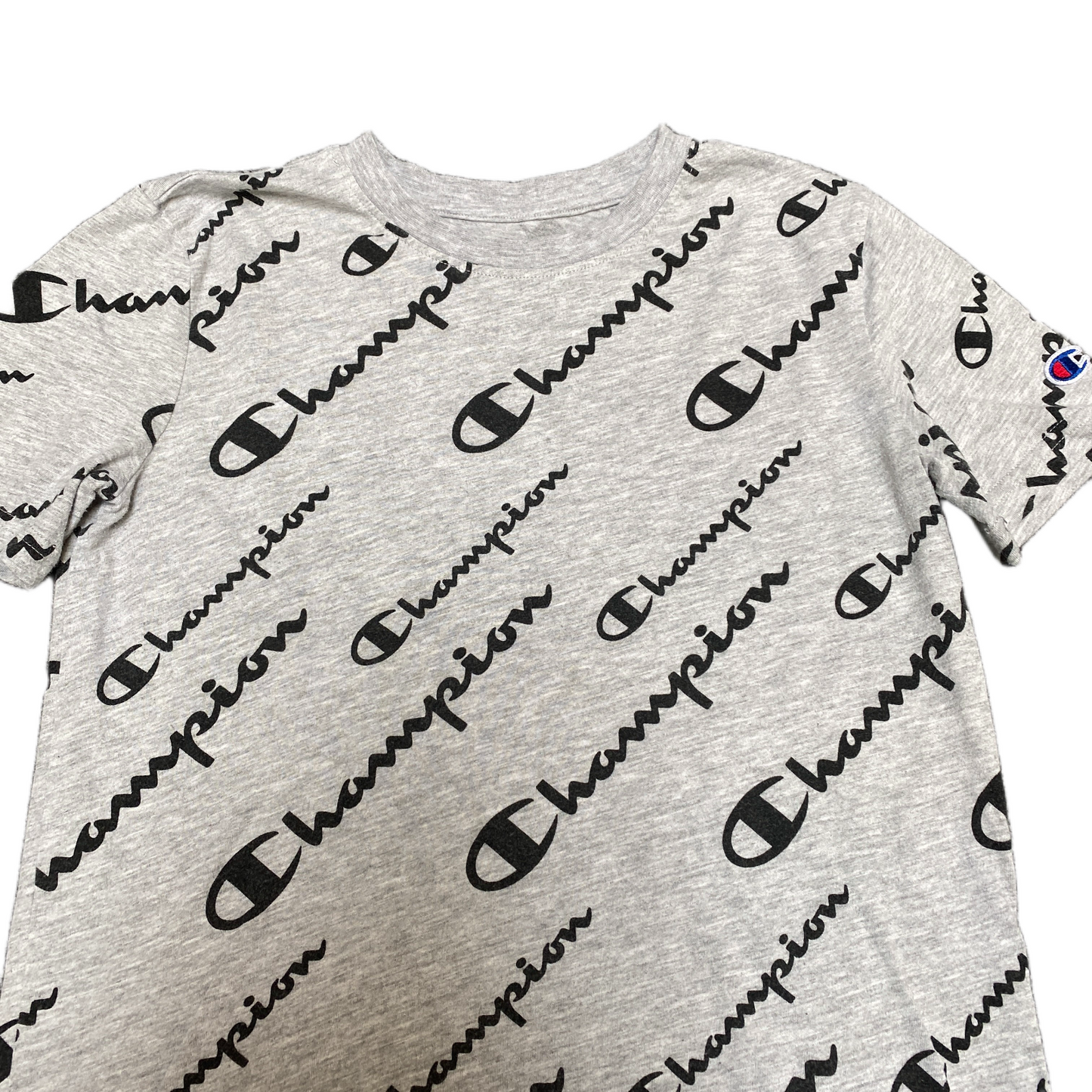 Champion T-Shirt Boys XS Grey All Over Print Short Sleeve Crew Neck Pullover Tee
