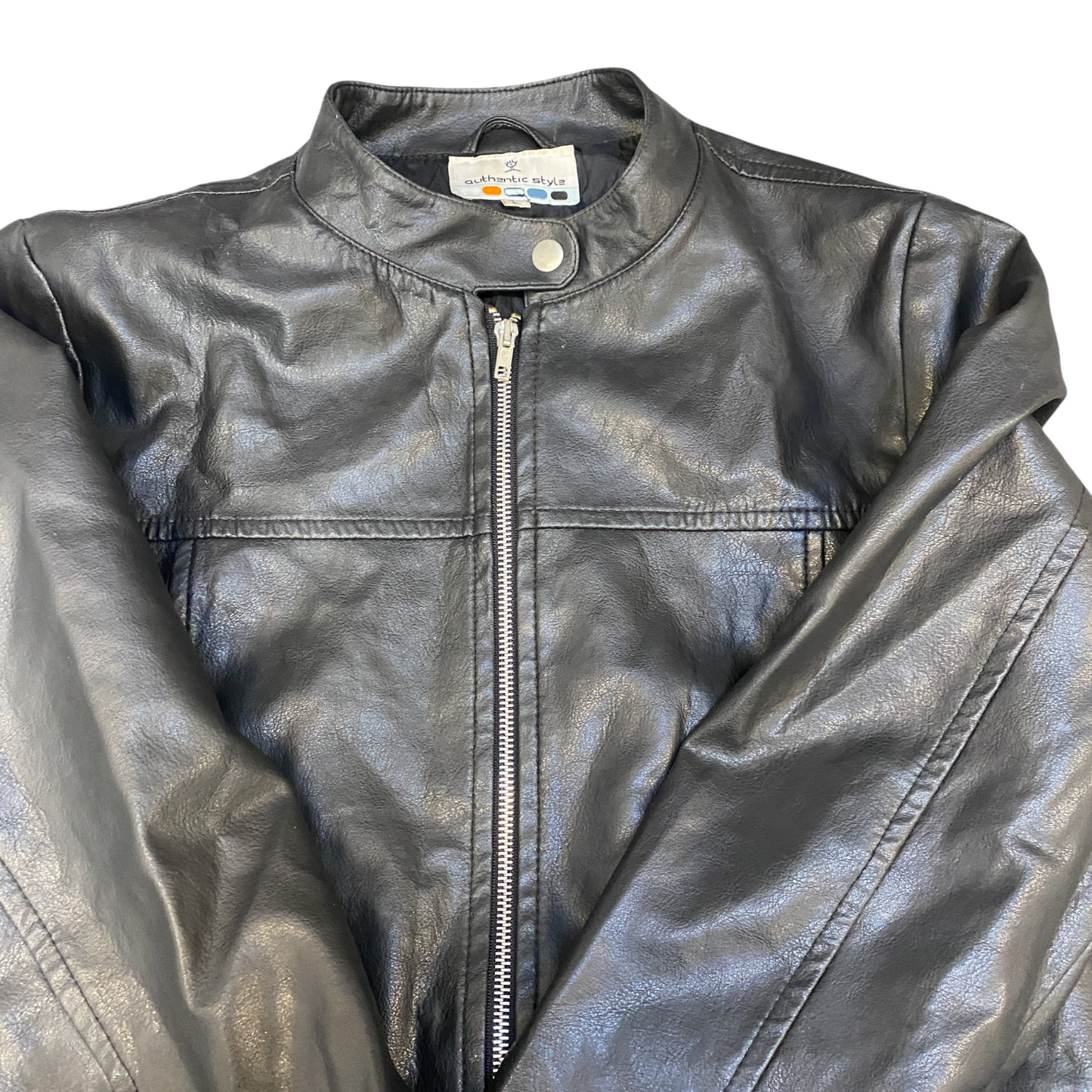 Authentic Style Leather Biker Jacket Womens Large Lined Black Long Sleeve Zip Up