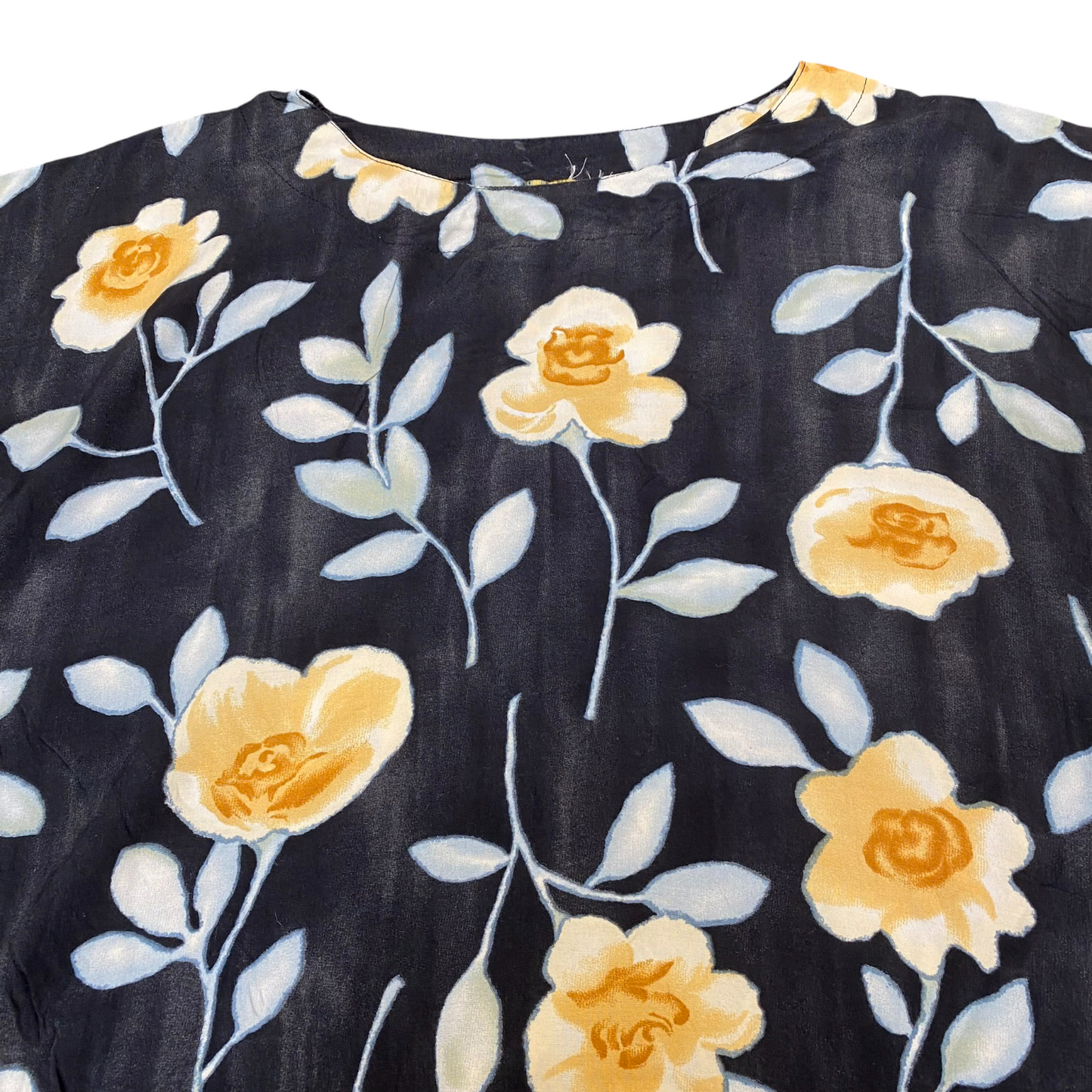 Tee Shirt Womens L Black Yellow Floral Short Sleeve Round Neck Casual Pullover