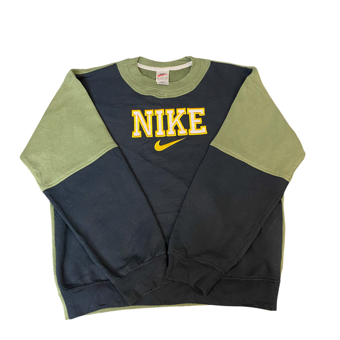 Nike Reworked Sweatshirt Men M Black Green Embroidered Spellout Logo Vintage Y2K