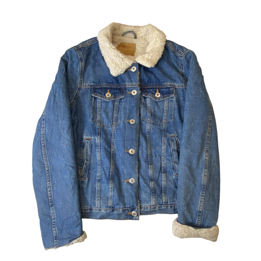 FB Sister Jean Jacket Womens XS Blue Denim Sherpa Lined Collared Button Front