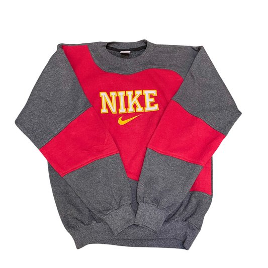 Nike Reworked Sweatshirt Mens L Red Grey Embroidered Spellout Logo Vintage Y2K