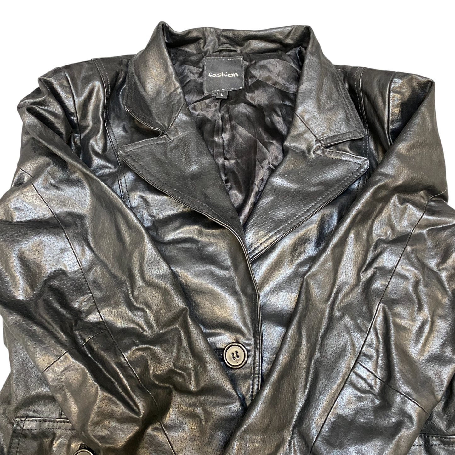 Fashion Leather Blazer Jacket Womens L Black Lined Notch Lapel Single Breasted