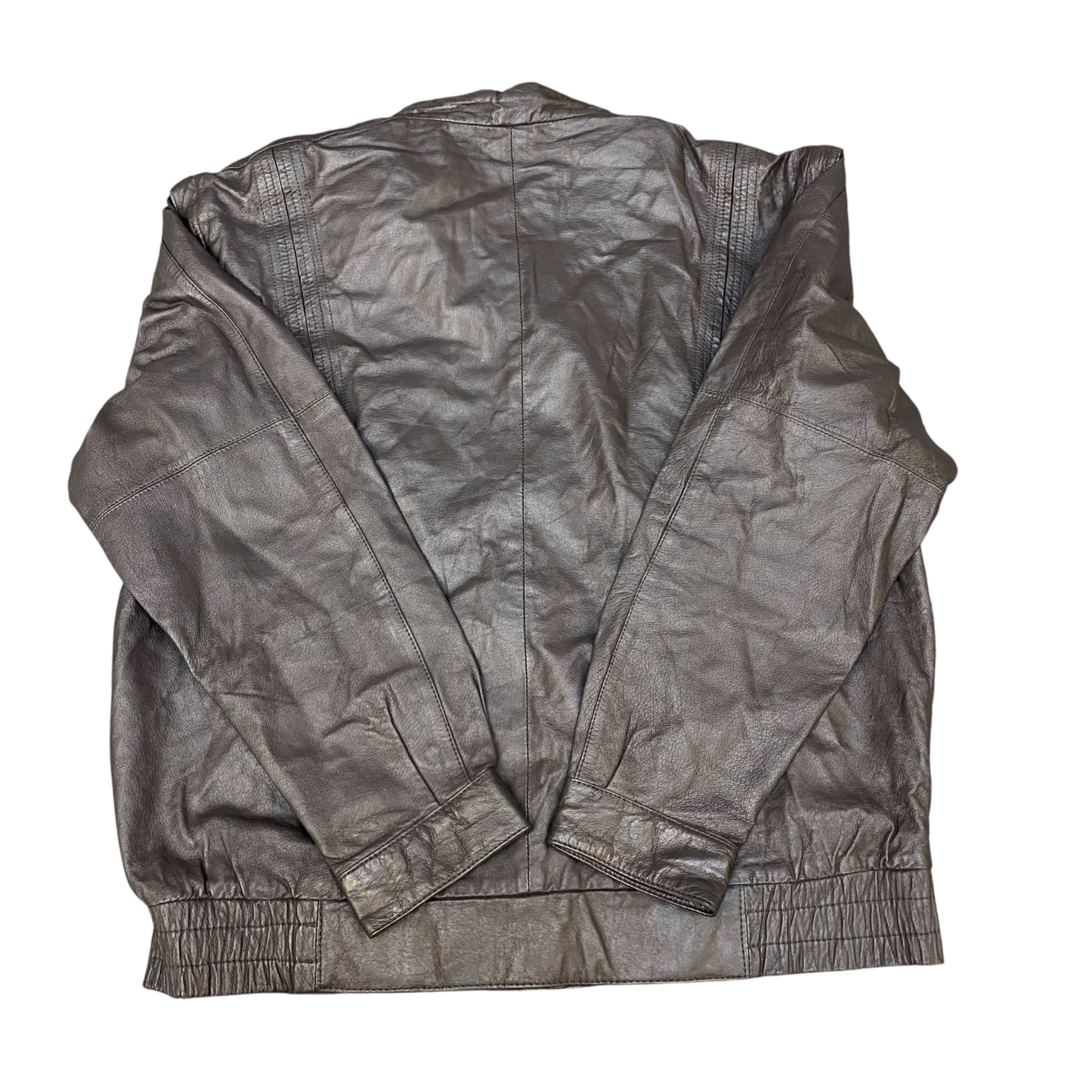 Mens Leather Jacket Large Grey Lined Collared Snap Button Elasticated Hem