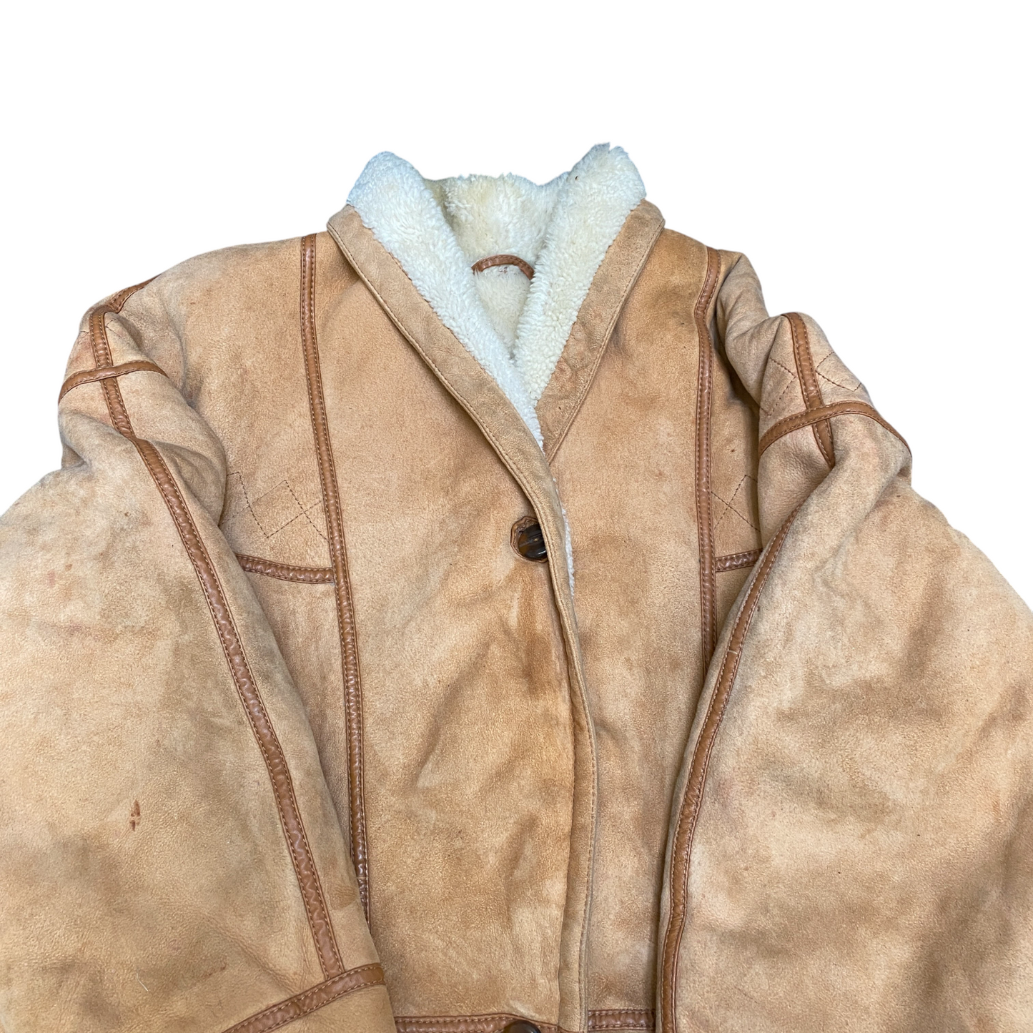 Womens Suede Leather Jacket 2XL Brown Sherpa Lined Shawl Collar Single Breasted