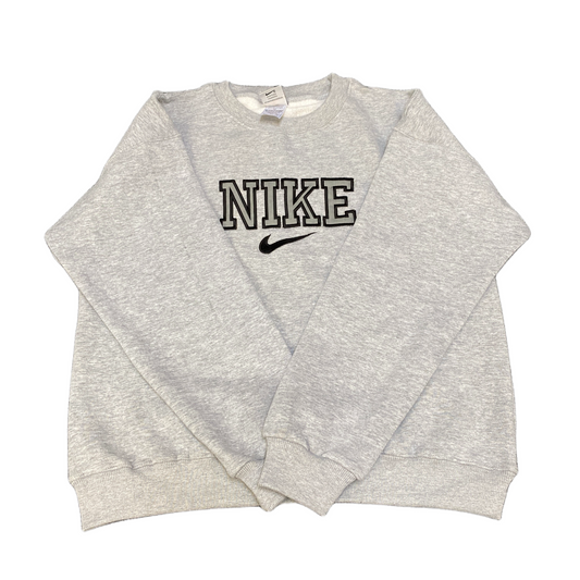 Nike Reworked Sweatshirt Mens Small Grey Embroidered Spellout Logo Vintage Y2K