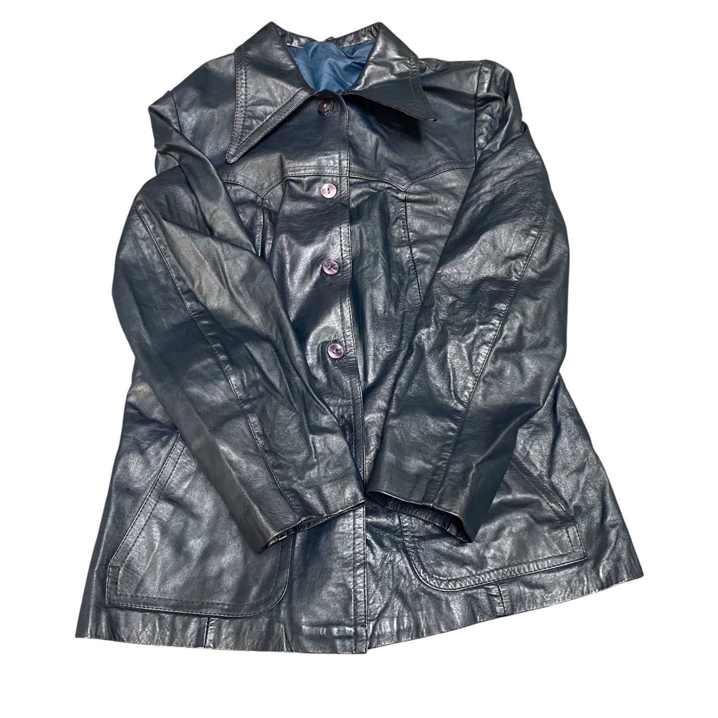 Womens Leather Blazer Jacket Medium Navy Lined Long Sleeve Collared Button Front