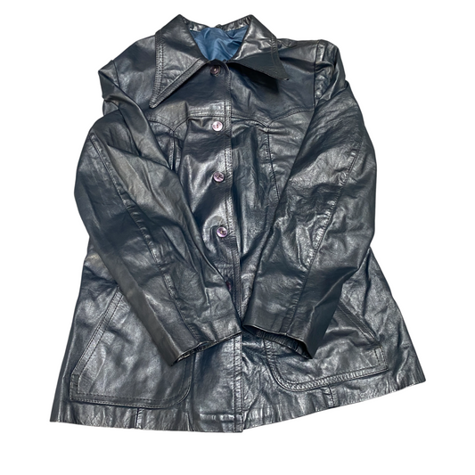 Womens Leather Blazer Jacket Medium Navy Lined Long Sleeve Collared Button Front