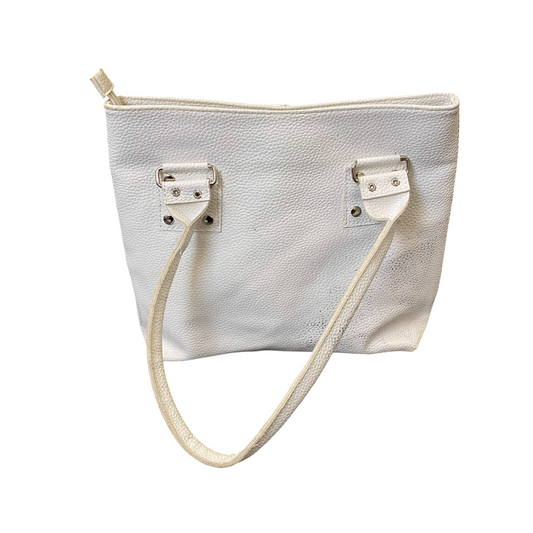 Womens Tote Bag White Pebbled Leather Classic Zipper Pocket Double Handles