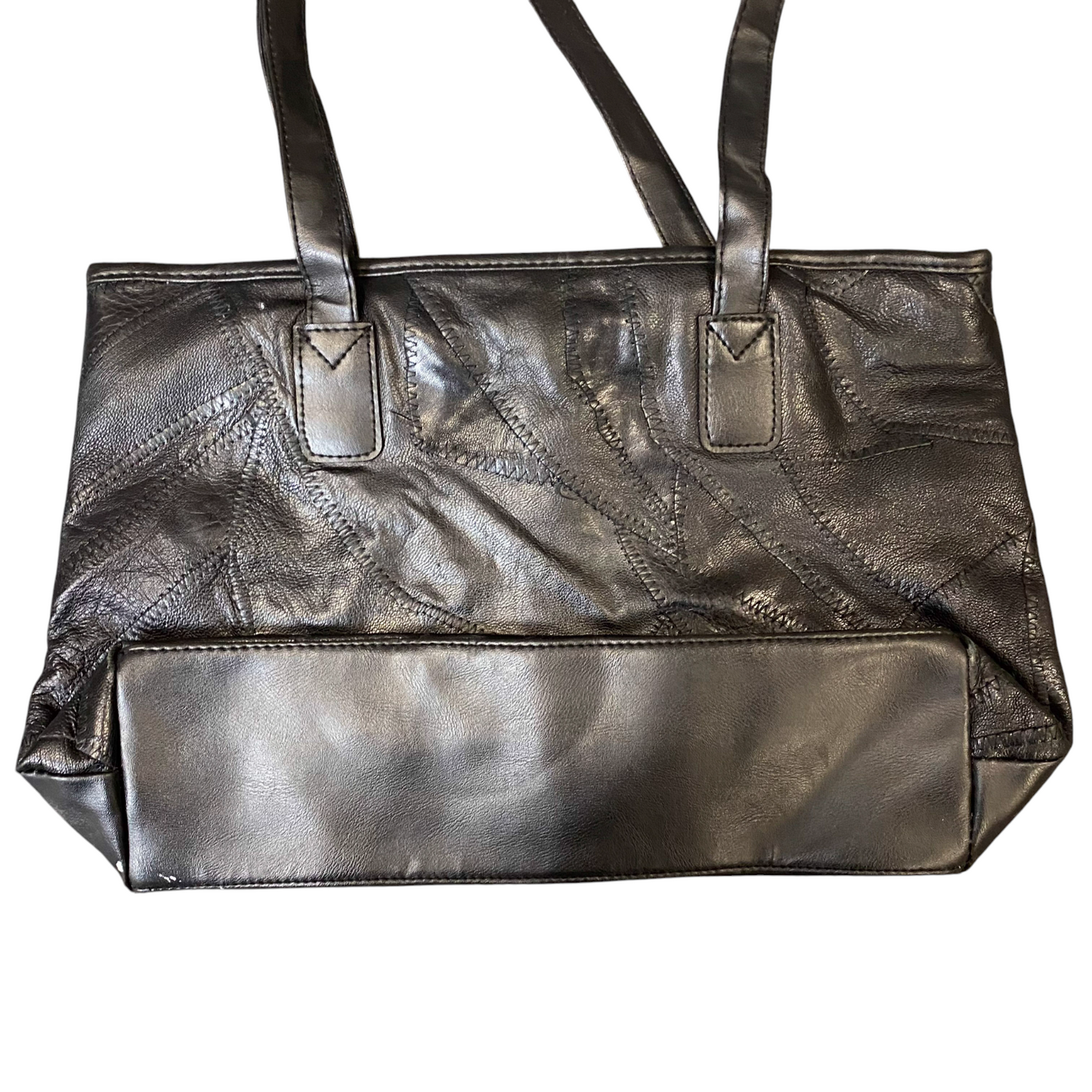 Vintage Womens Tote Bag Black Patchwork Leather Zip Closure Double Handles
