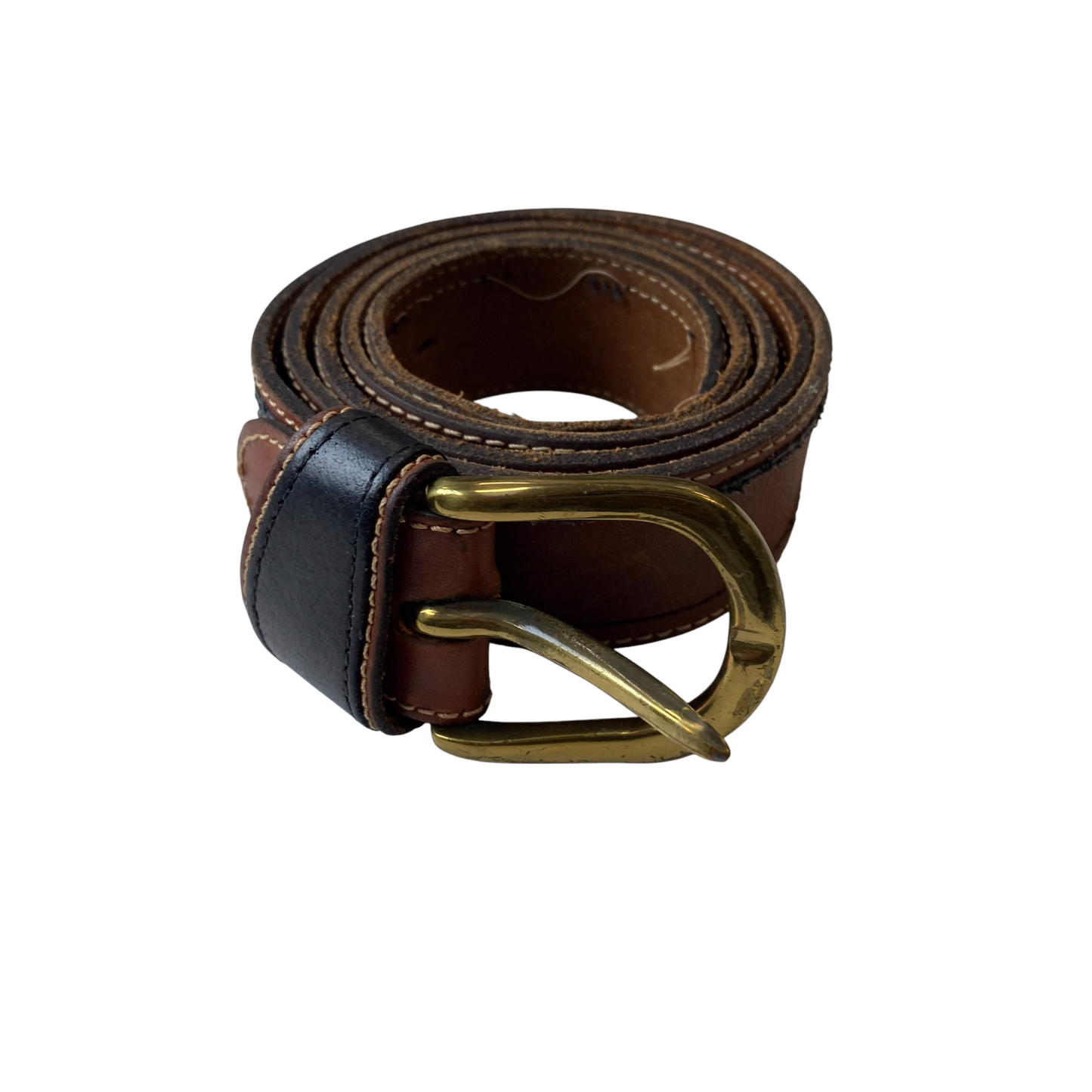 Mens Waist Belt Brown Leather Adjustable Gold Tone D Buckle Size 46 in