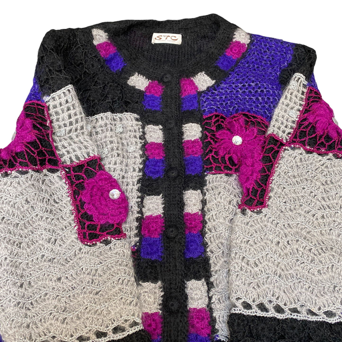 STC Cardigan Jumper Womens Medium Multi Mohair Crochet Granny Knit Button Front