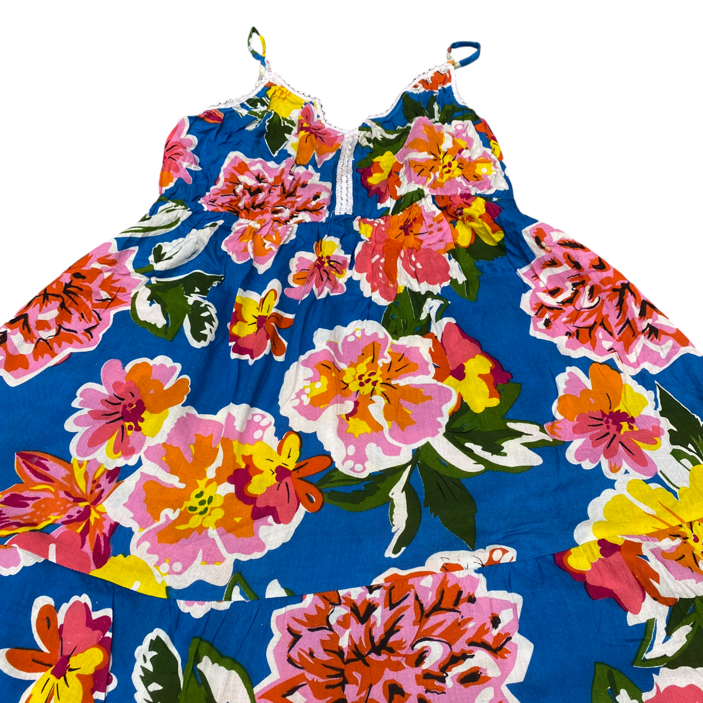 South Main A-Line Dress Womens M Blue Floral Lace Trim Smocked Spaghetti Strap
