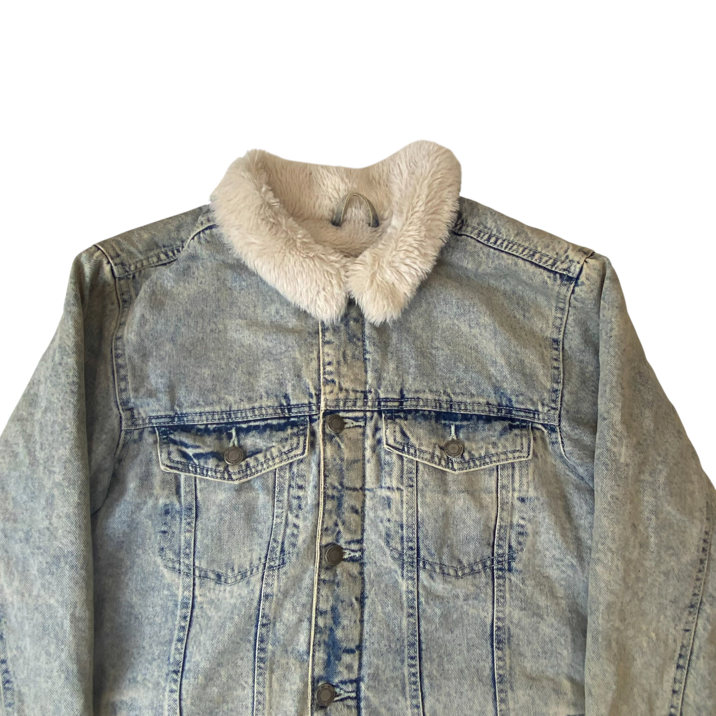 Pull&Bear Denim Makers Trucker Jacket Men L Blue Faux Shearling Lined Collared