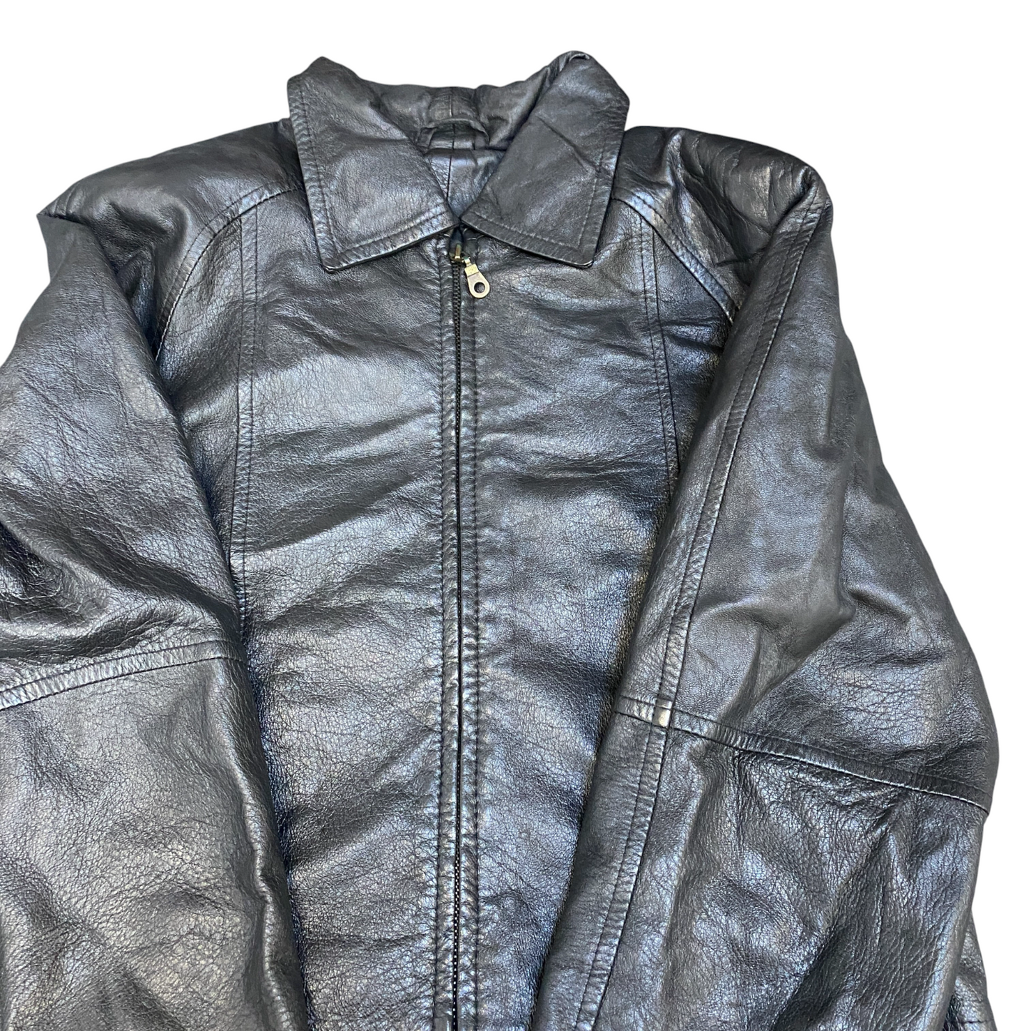 Womens Leather Jacket Medium Black Lined Classic Long Sleeve Collared Full Zip