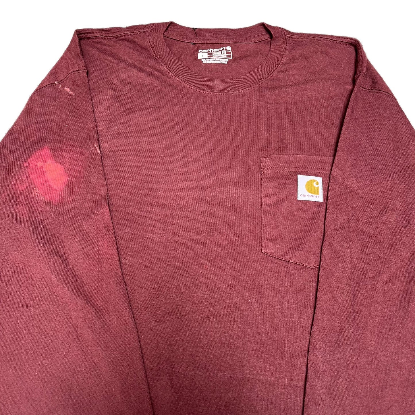 Carhartt Pocket T-Shirt Mens Large Maroon Loose Fit Long Sleeve Workwear Tee