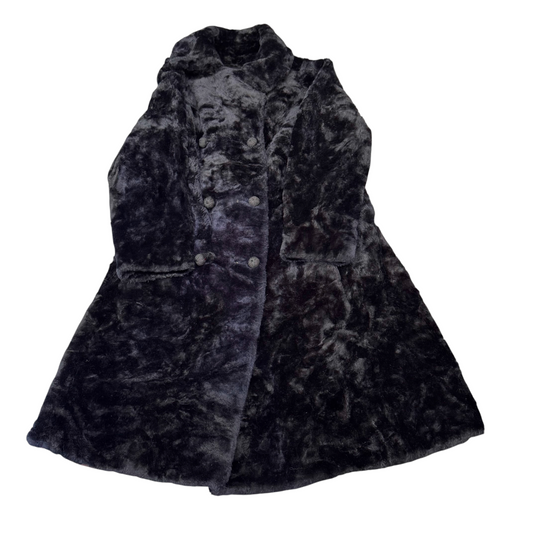 ILGWU Faux Fur Coat Womens Medium Black Lined Collared Double Breasted 6 Button