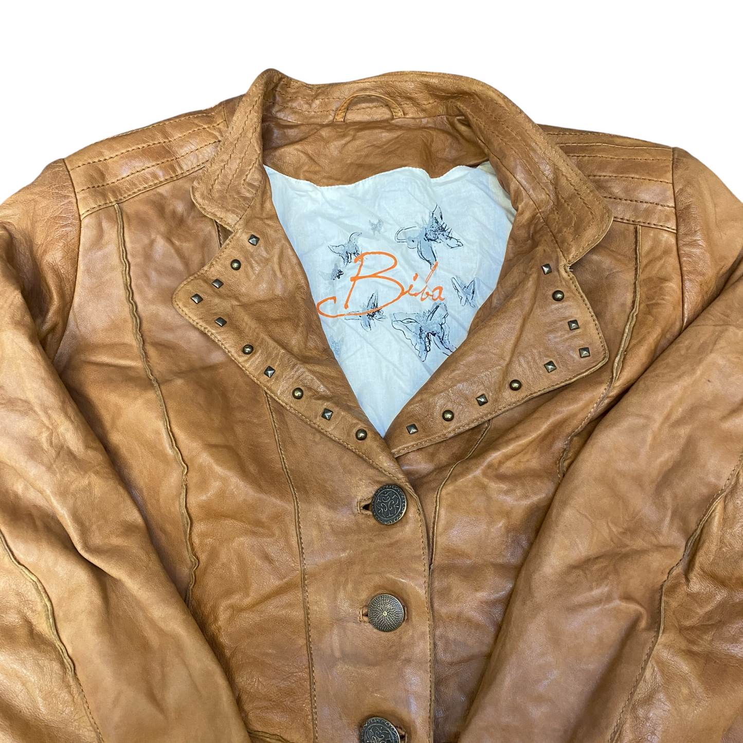 Bila Genuine Leather Blazer Jacket Womens Medium Brown Studded Single Breasted