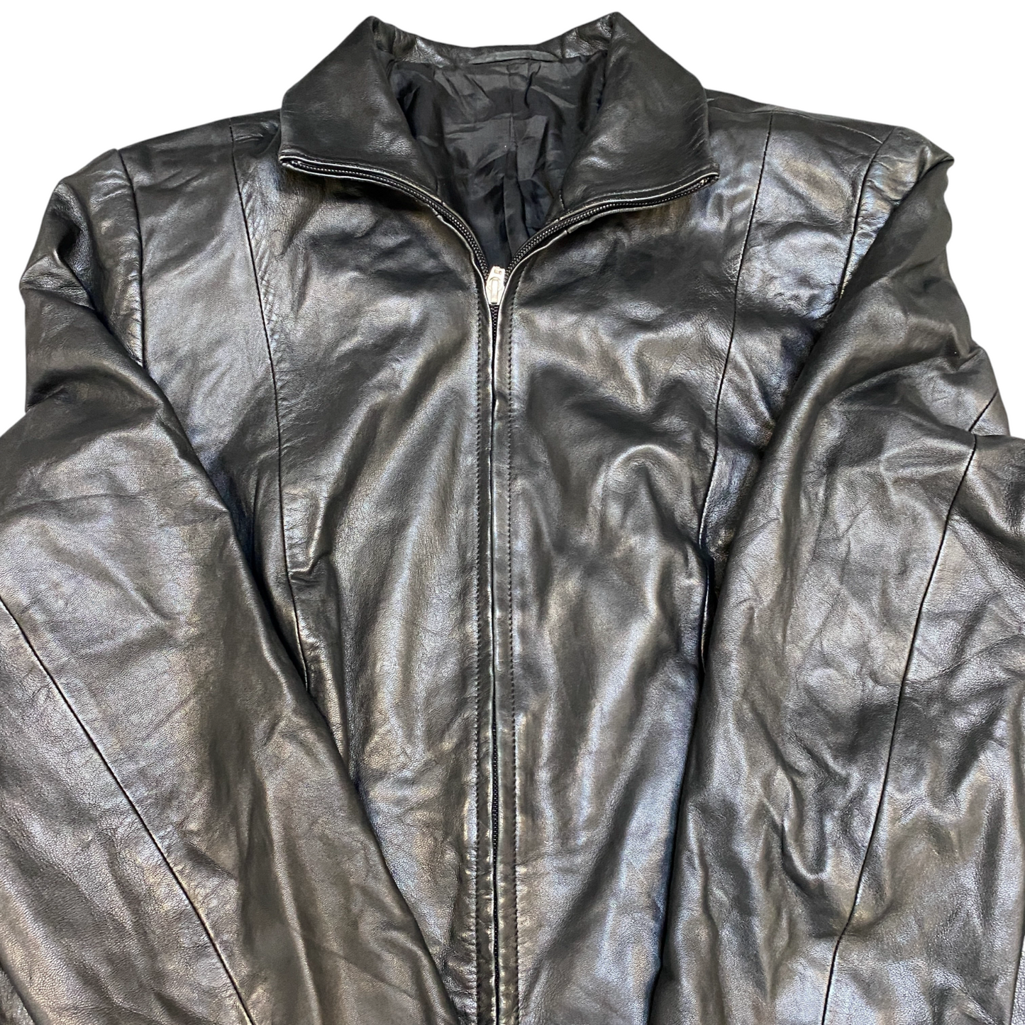 Womens Leather Biker Jacket Medium Black Lined Long Sleeve Collared Full Zip