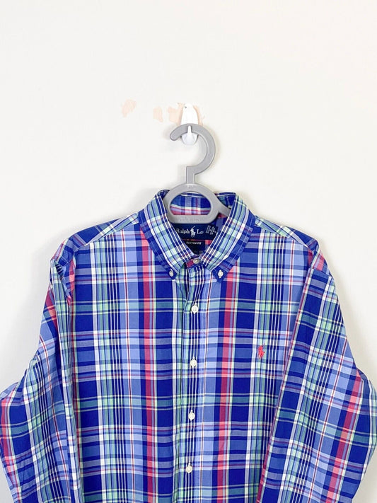 Ralph Lauren Shirt Mens Medium Blue Plaid Custom Fit Small Red Polo Pony Logo