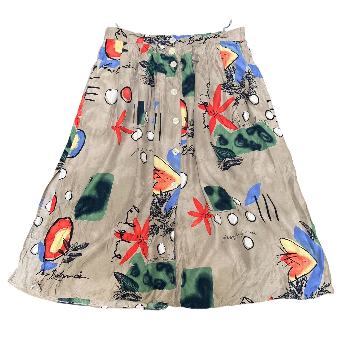 A-Line Skirt Womens L Brown Geometric Pleated Casual Button Front Outdoor