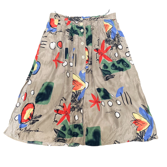 A-Line Skirt Womens L Brown Geometric Pleated Casual Button Front Outdoor