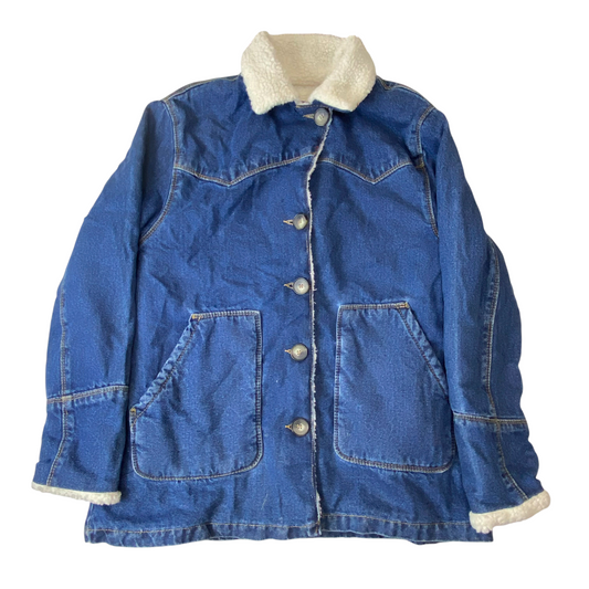 Womens Trucker Jacket Medium Blue Denim Sherpa Lined Long Sleeve Button Front
