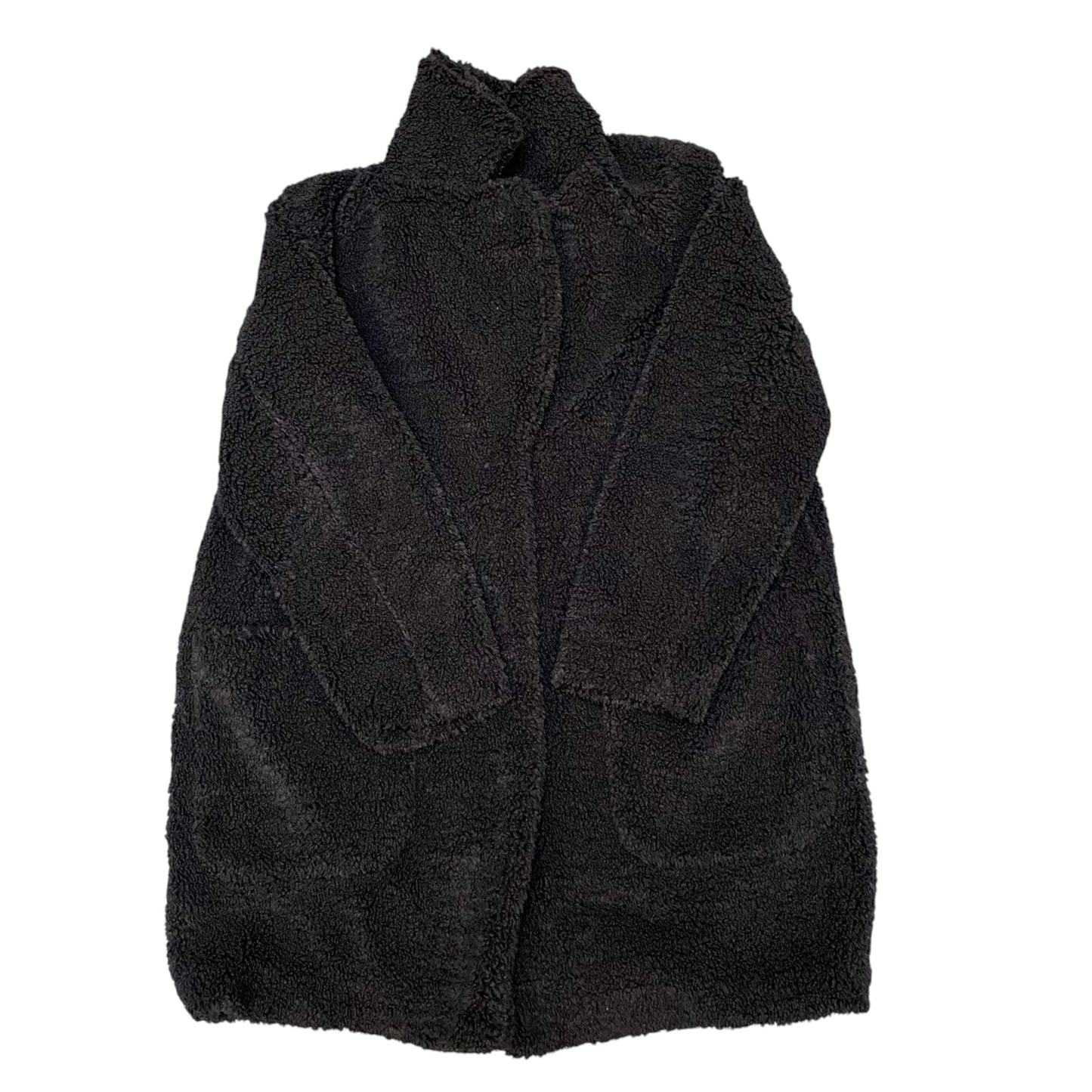 H&M Teddy Faux Fur Coat Womens Small Black Oversized Lined Collared Open Front