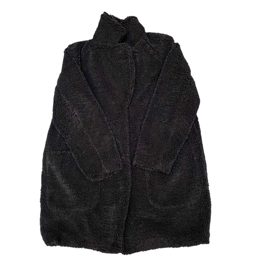 H&M Teddy Faux Fur Coat Womens Small Black Oversized Lined Collared Open Front
