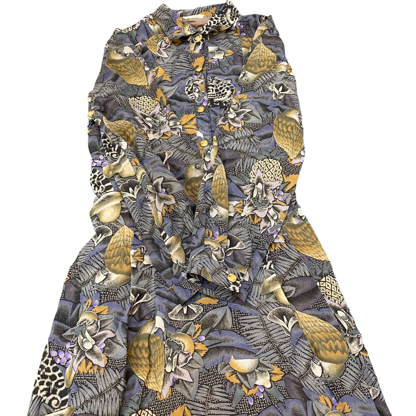 Plaire A-Line Dress Womens S Multi Floral Belted Long Sleeve Collar Button Front