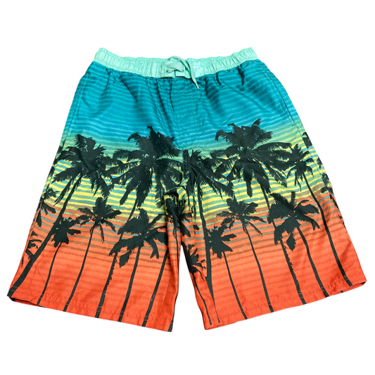 O'rageous Surf Swim Trunks Men XL Green Orange Sunset Palm Tree Hawaiian Stretch