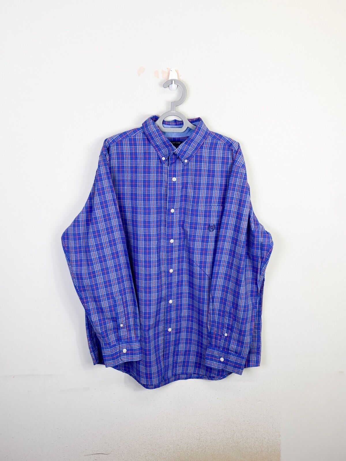 Chaps Shirt Mens Large Blue Plaid Cotton Easy Care Collared Casual Button Down